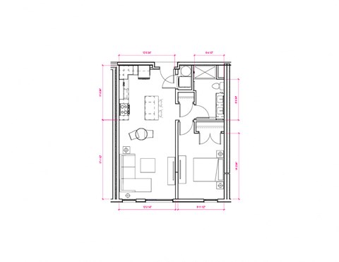 Floor plan for 1 bed, 1 bath, 634 sqft